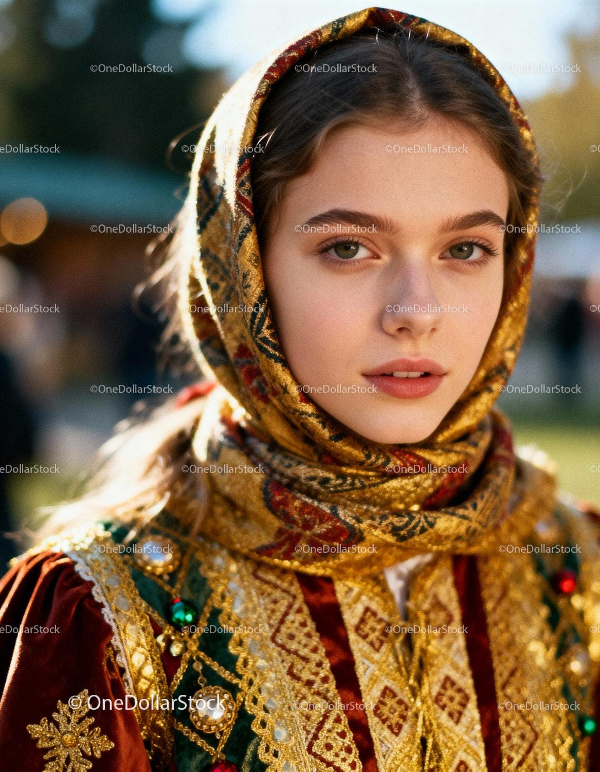 Young woman in traditional ornate scarf and embroidery