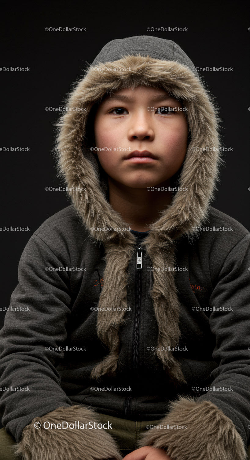 Young Boy in Fur-Hooded Winter Jacket with Serious Expression