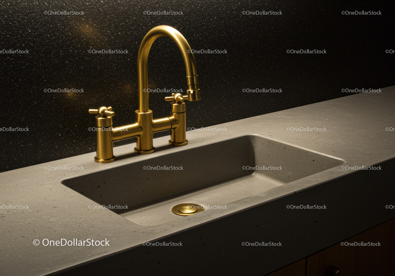 Gold Kitchen Faucet and Modern Sink in Luxury Kitchen Interior