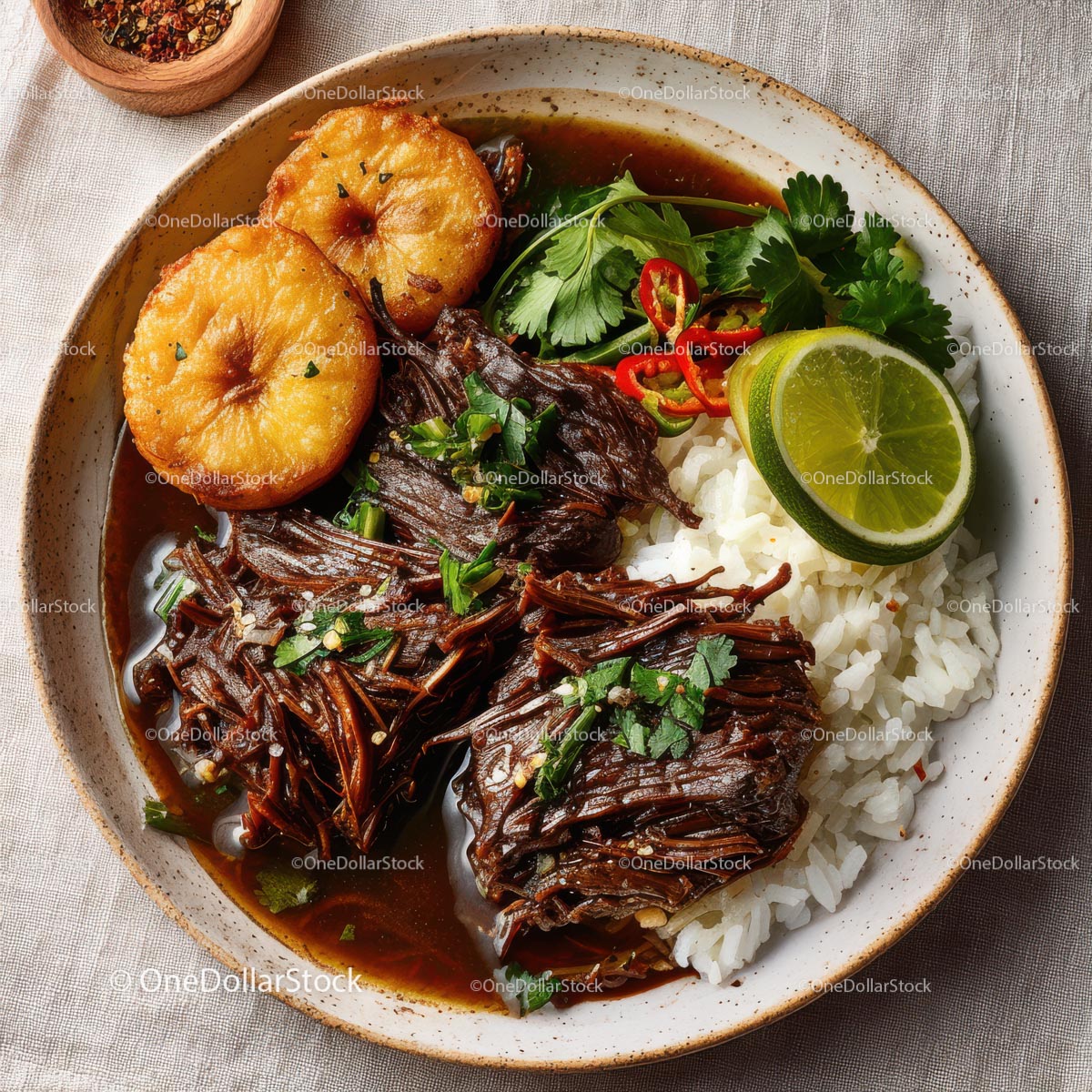Delicious Beef Stew with Rice and Fresh Vegetables