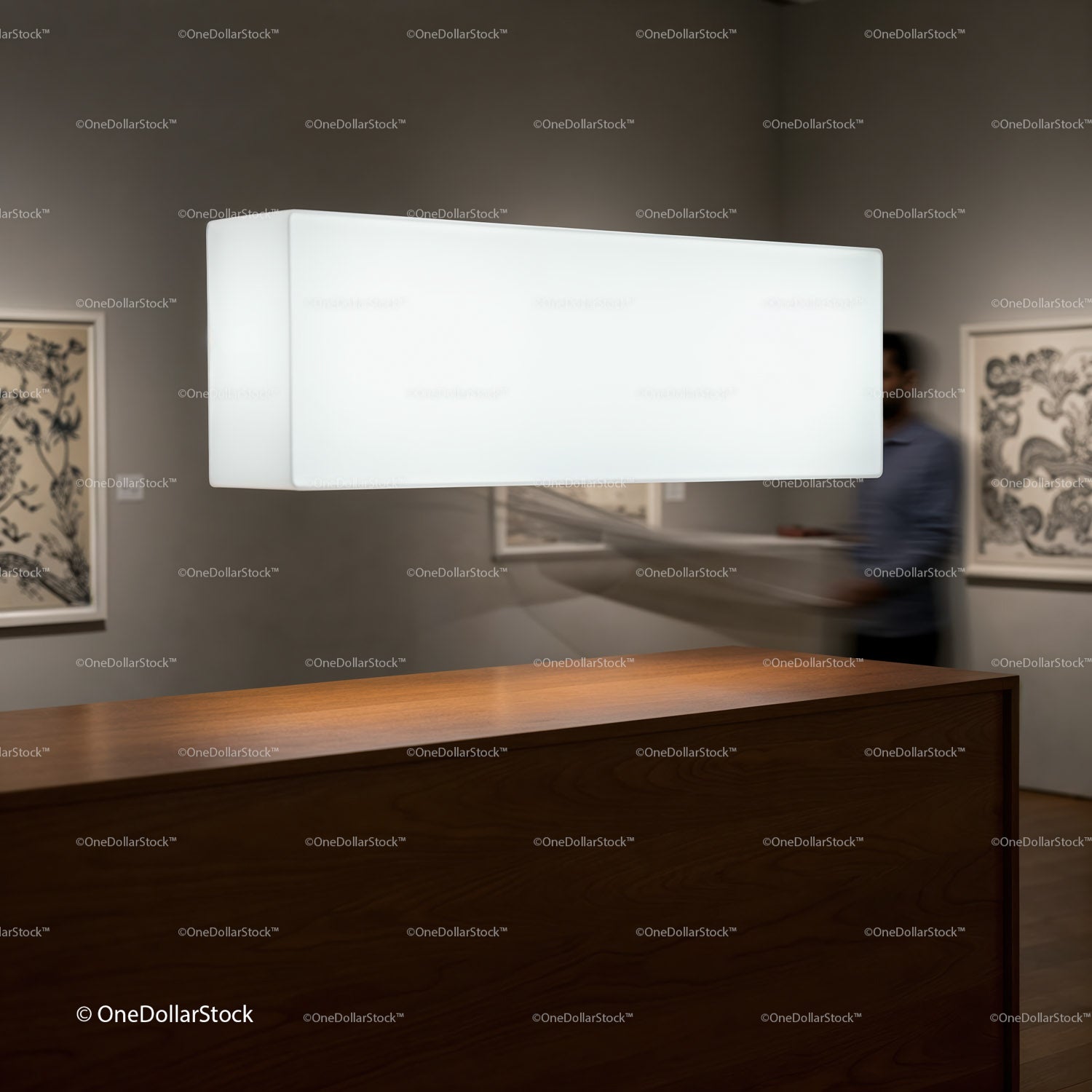 Modern gallery interior with minimalist lighting fixture
