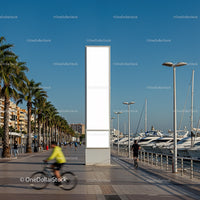 Sunny marina promenade with cyclists and palm trees