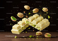 White Chocolate Bar with Pistachios Breaking Apart