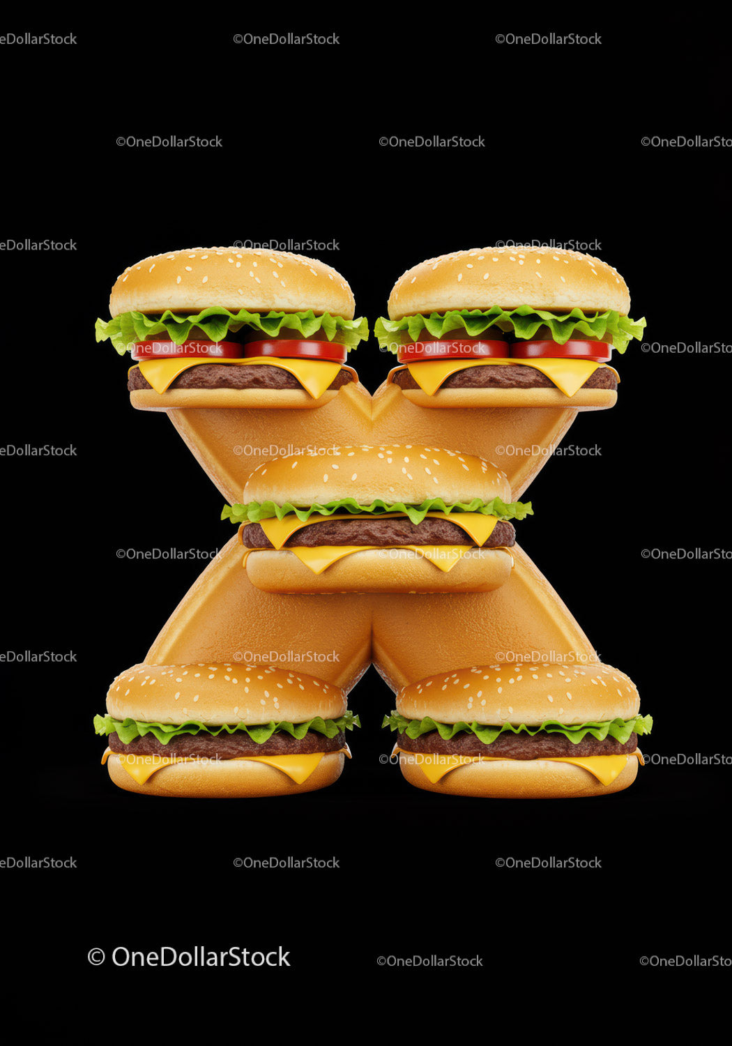 Creative letter X made of cheeseburgers on black background