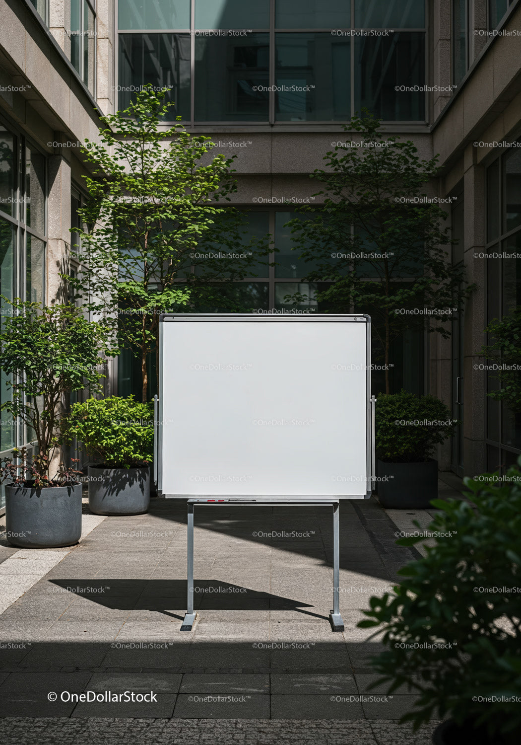 Empty whiteboard in modern outdoor courtyard setting