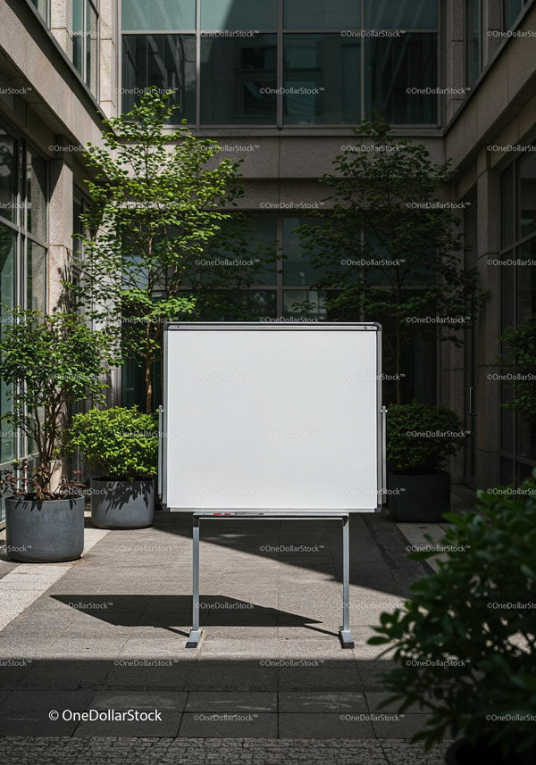 Empty whiteboard in modern outdoor courtyard setting JPG Mockup Image