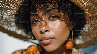 African American Woman Wearing Straw Hat and Orange Earrings in Summer