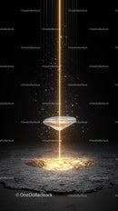 Futuristic Golden Light Beam and Glowing Water Fountain