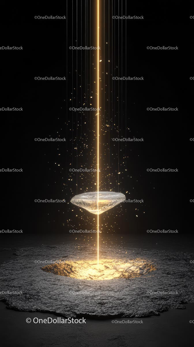 Futuristic Golden Light Beam and Glowing Water Fountain
