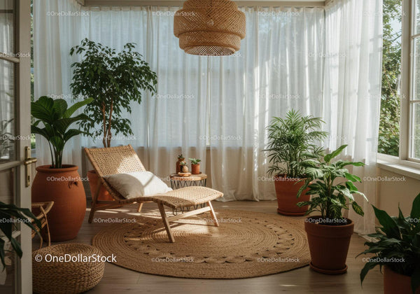 Cozy sunlit corner with lounge chair and lush plants
