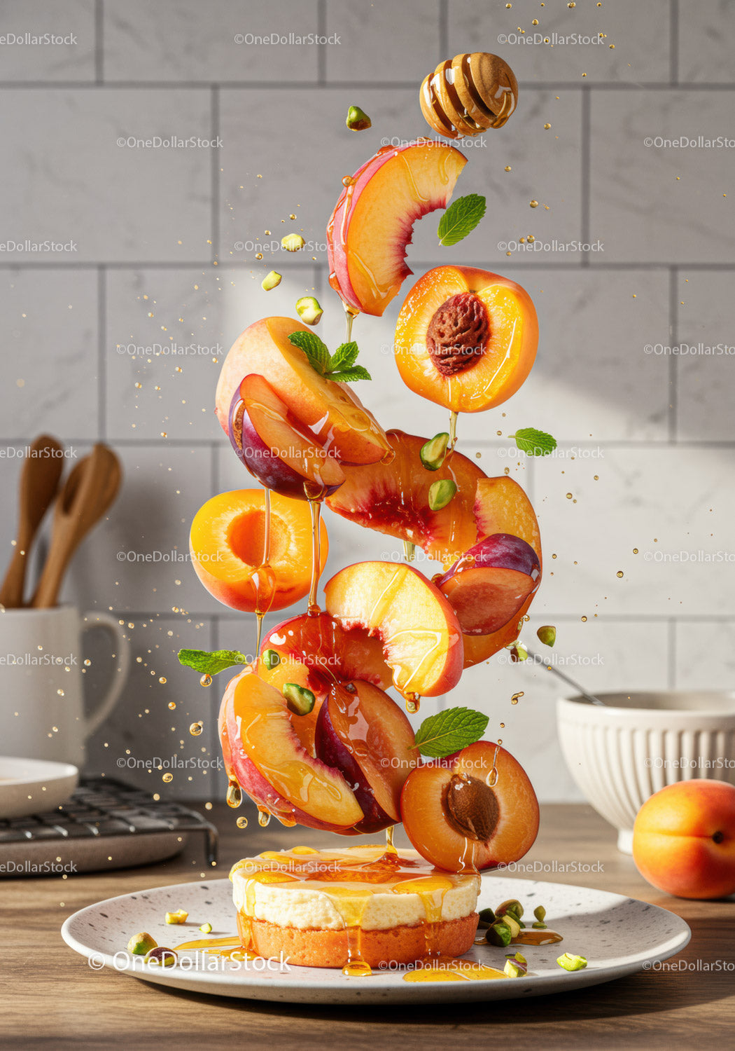 Peach and honey dessert with floating fruit slices