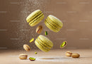 Floating pistachio macarons with powdered sugar dust