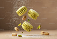 Floating pistachio macarons with powdered sugar dust