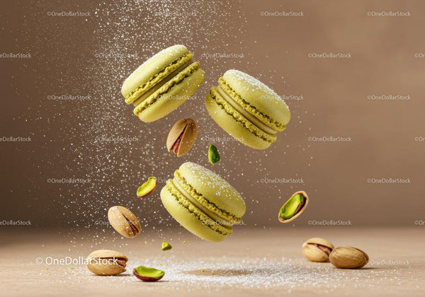 Unoszące się pistacjowe makaroniki posypane cukrem pudrem