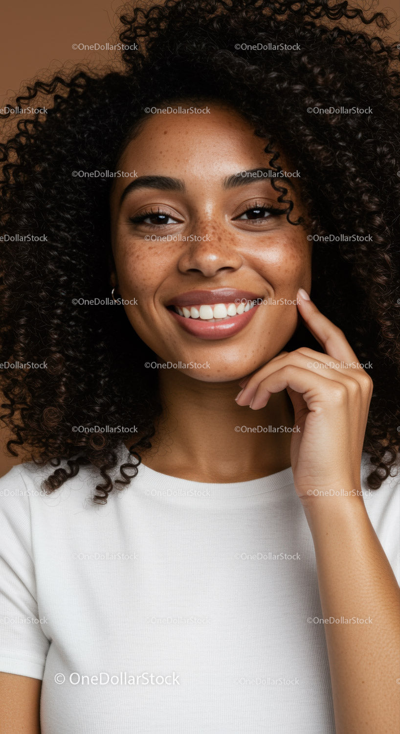 Happy Young Woman with Curly Hair and Freckles Close-up Portrait
