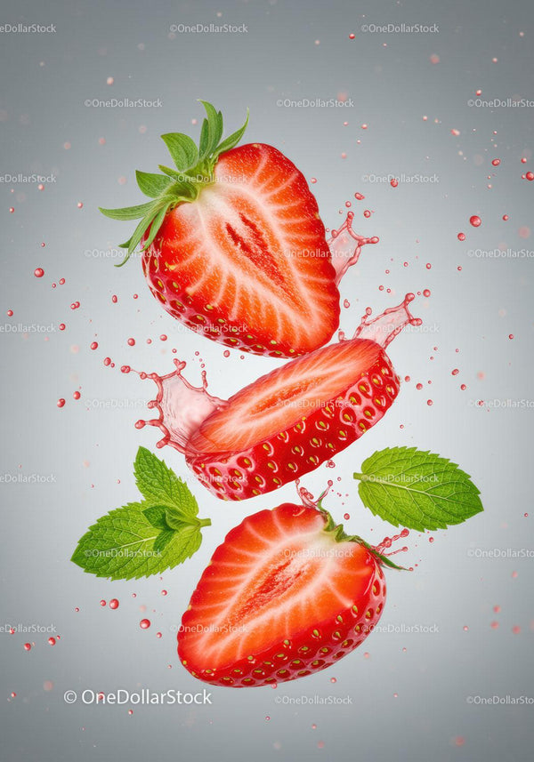 Fresh sliced strawberries with mint leaves and splash