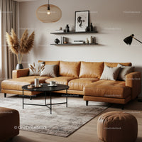 Cozy modern living room with leather sofa and decor