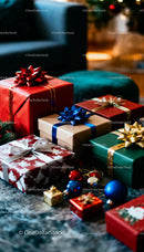 Colorful Christmas gifts with festive bows and ornaments