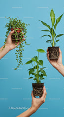 Hands holding three small green houseplants with soil