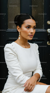 Elegant young woman wearing pearl earrings and white dress