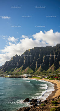 Lush Green Mountain and Rocky Coastal Beach Scene with Blue Sky
