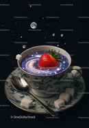 Strawberry Floating in Cosmic Galaxy Tea Cup
