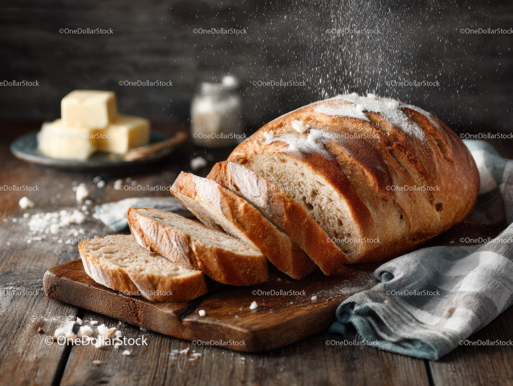 Rustic Artisan Bread on Wooden Table with Kitchen Background