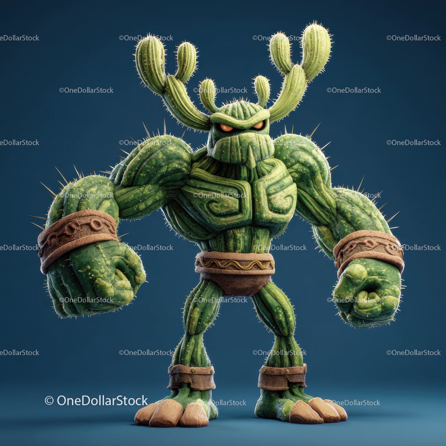 Vibrant Green Anthropomorphic Cactus Character with Muscular Build