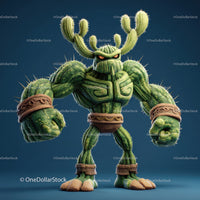 Vibrant Green Anthropomorphic Cactus Character with Muscular Build