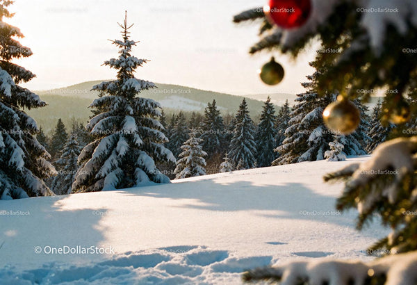 Snow-covered fir trees with festive ornaments at sunset