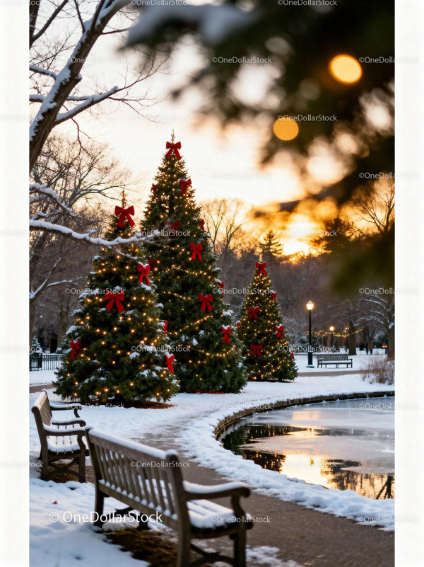 Snowy park decorated with glowing Christmas trees