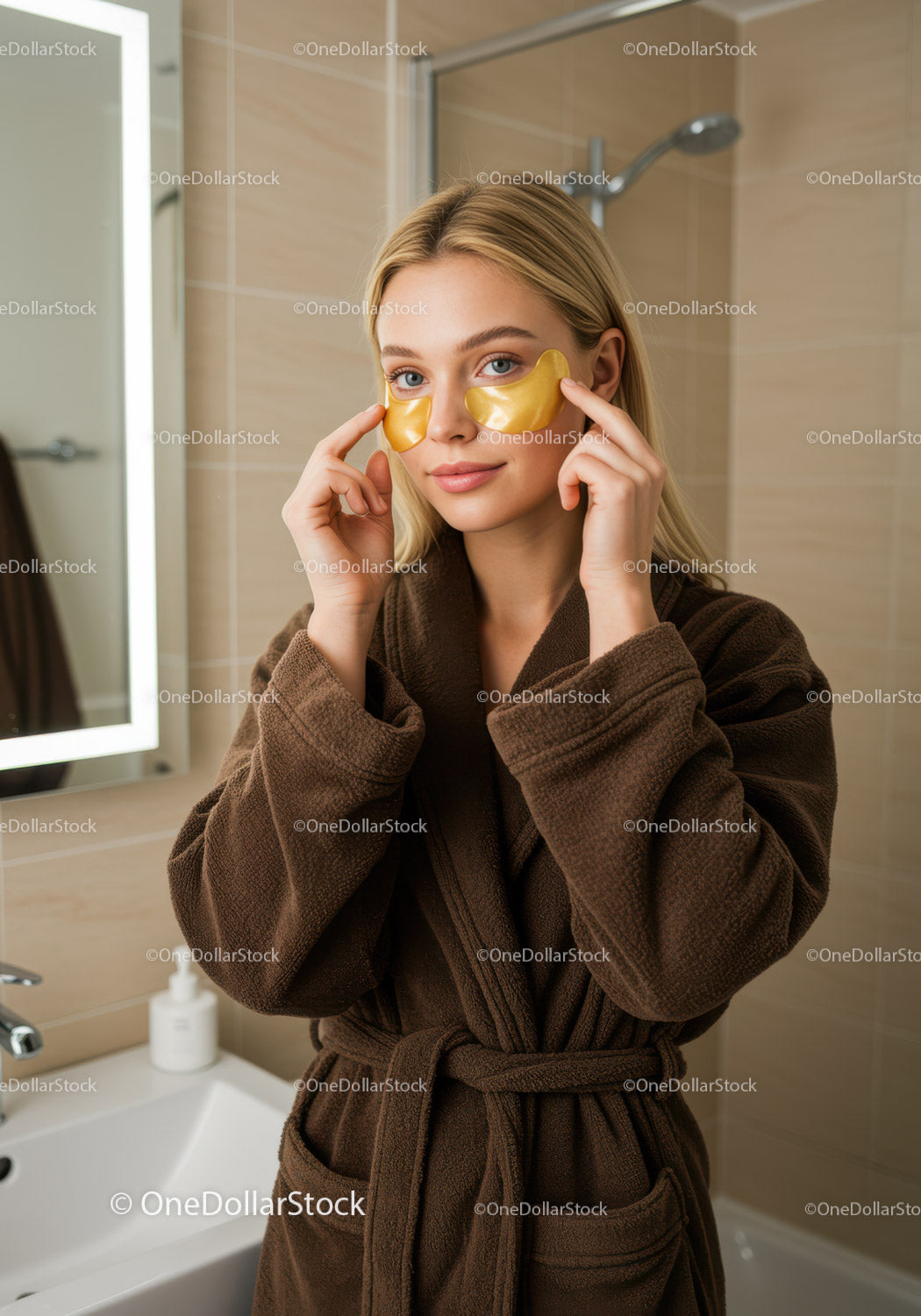 Woman Applying Gold Under Eye Masks in Professional Spa Setting