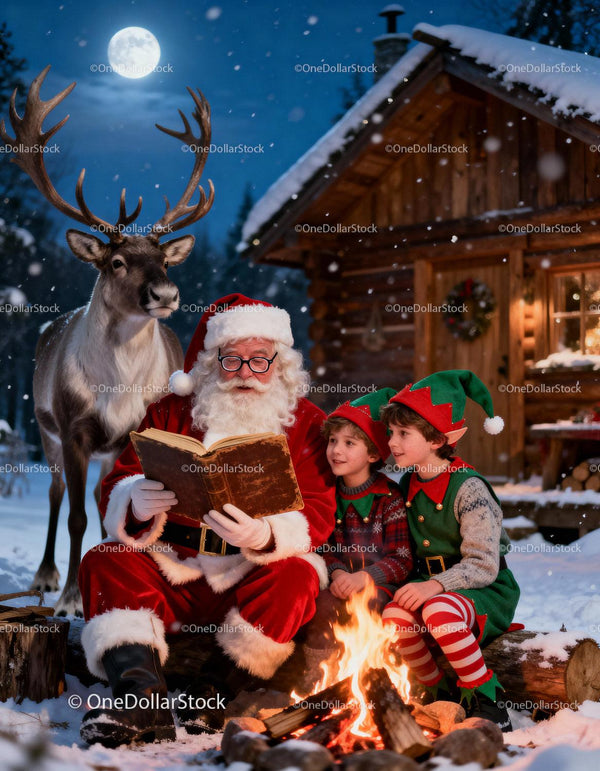 Santa Reading Christmas Stories to Kids by Campfire