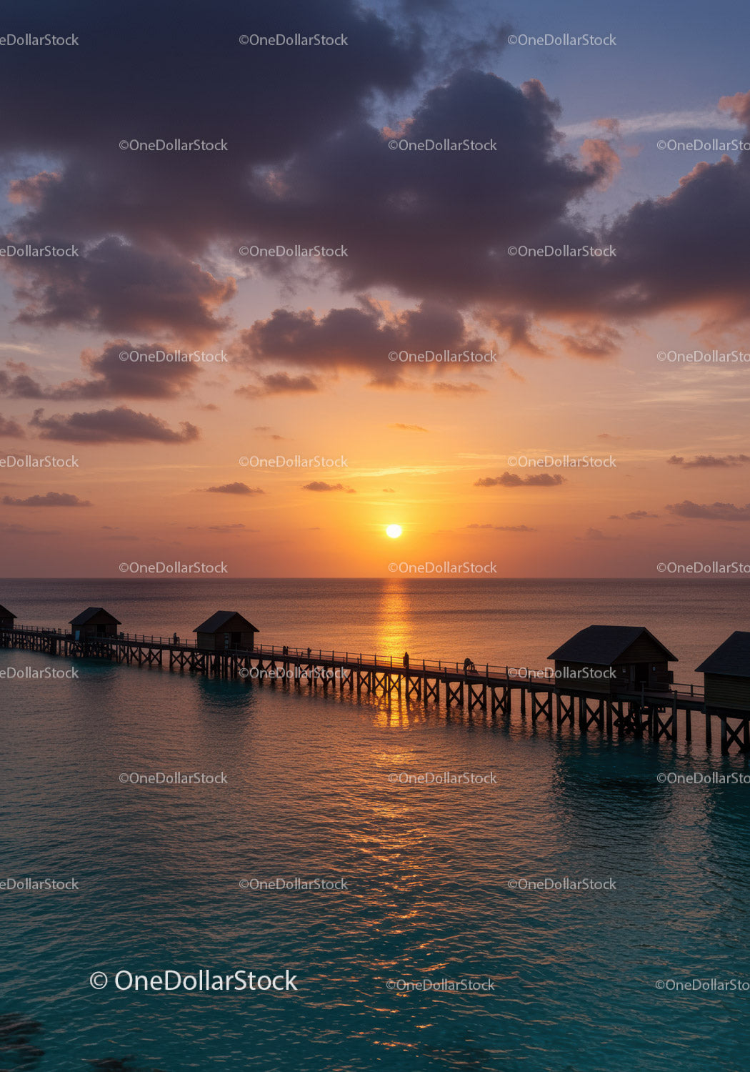 Sunset Over Ocean Pier With Wooden Huts and Dramatic Clouds