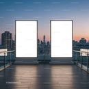Two Large Blank Billboards on Urban Rooftop at Dusk