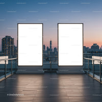 Two Large Blank Billboards on Urban Rooftop at Dusk