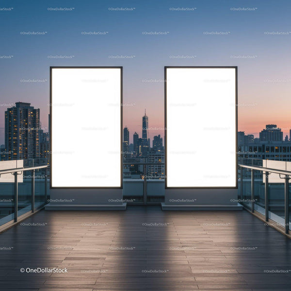 Two Large Blank Billboards on Urban Rooftop at Dusk JPG Mockup Image