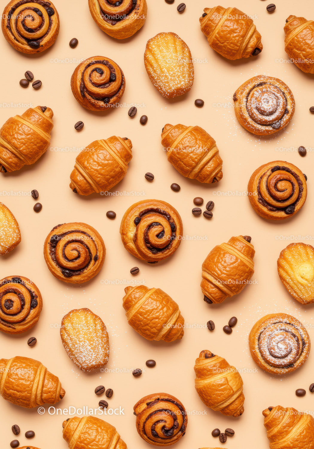 Assorted Fresh Pastries with Coffee Beans on Beige