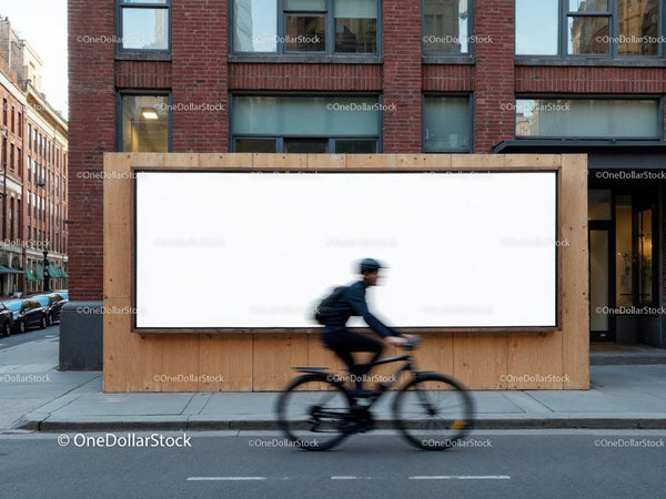 Zamglony rowerzysta przejeżdżający obok pustego miejskiego billboardu