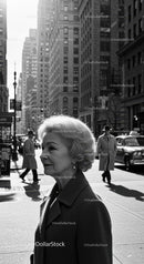 Elderly Woman in Busy City Street Surrounded by Vintage Cars