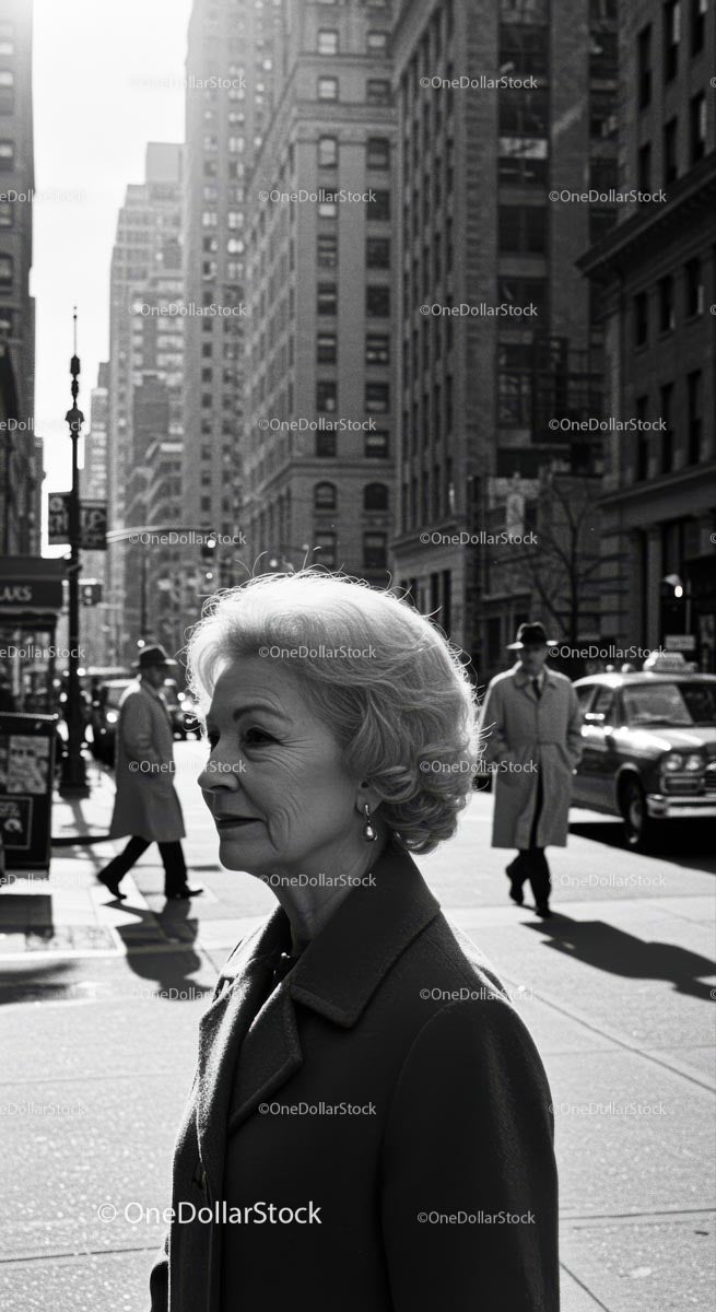 Elderly Woman in Busy City Street Surrounded by Vintage Cars