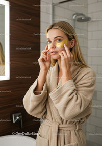 Young Woman Applying Gold Eye Patches for Skin Rejuvenation