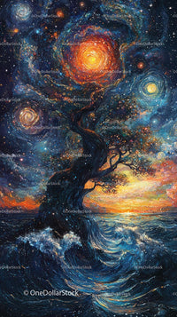 Vibrant Cosmic Tree in Surreal Space Scene