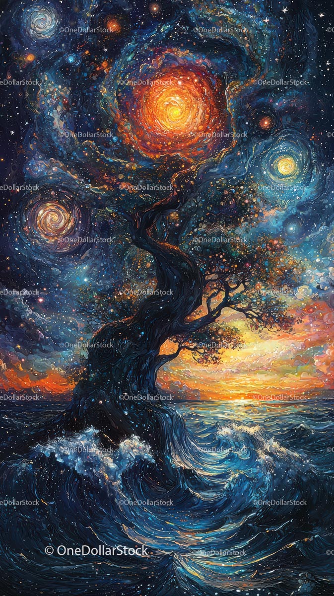 Vibrant Cosmic Tree in Surreal Space Scene