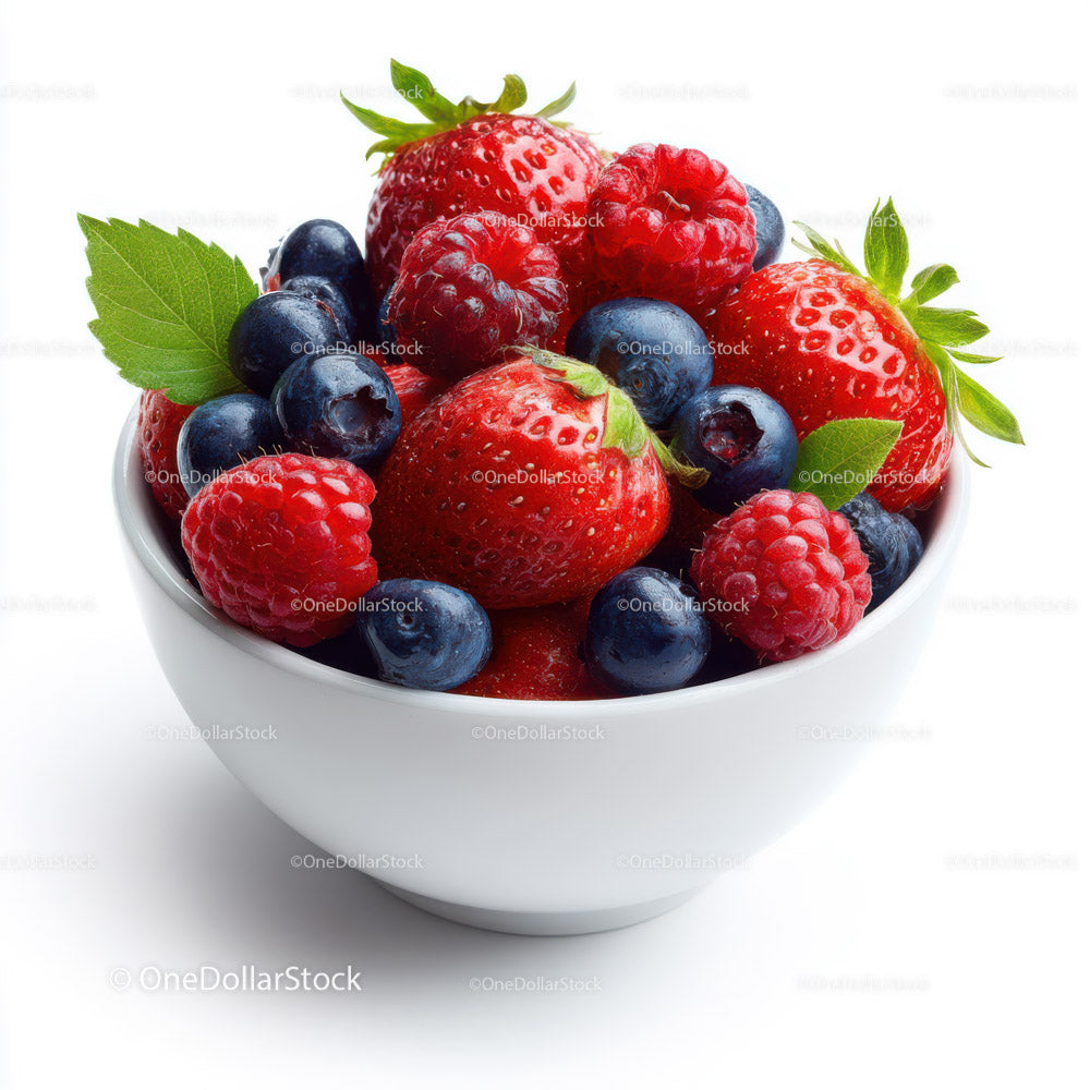 Fresh Mixed Berries in a White Bowl with Green Leaves (16 Images)