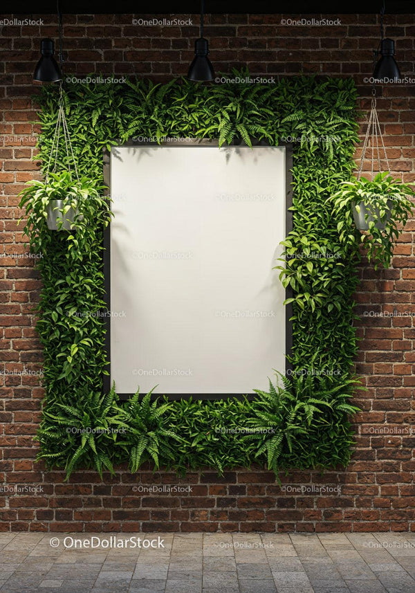 Blank white canvas framed by lush green plants indoors JPG Mockup Image