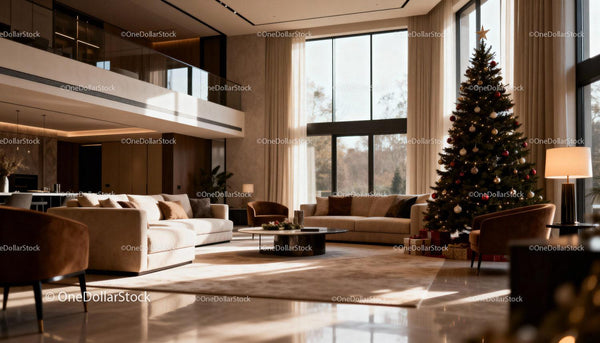Modern living room decorated with Christmas tree and gifts