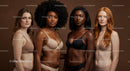 Diverse women confidently posing in natural lingerie tones