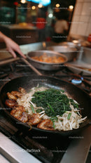 Stir-Fried Noodles with Vegetables in a Professional Street Food Setting