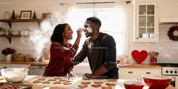 Couple Playfully Baking Heart-Shaped Cookies in Kitchen
